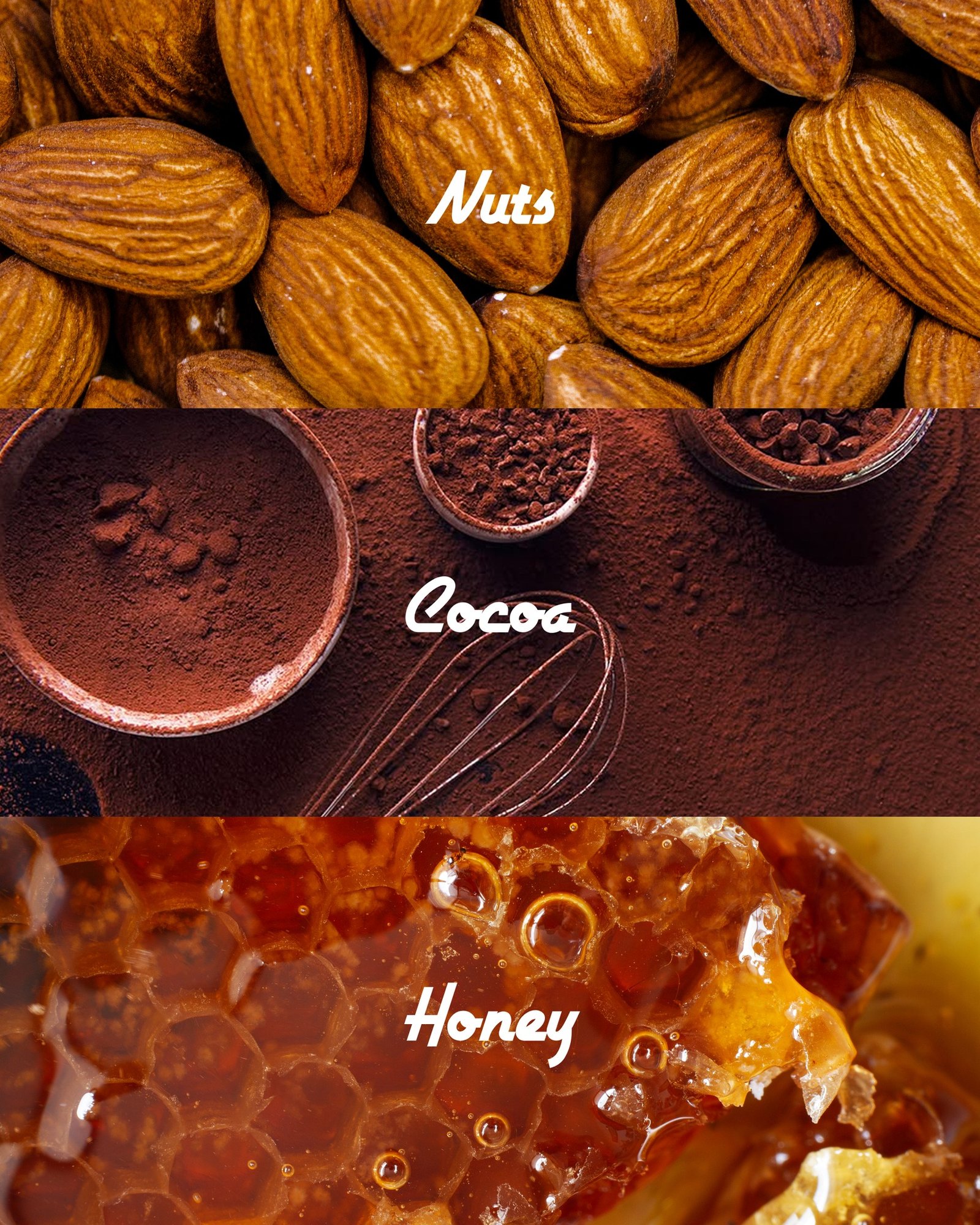Our products do not contain fillers and emulsifiers, but real nuts and seeds.
We do not use compound chocolate, but natural cocoa powder.
Instead of processed white sugar, we use raw sugar and honey.